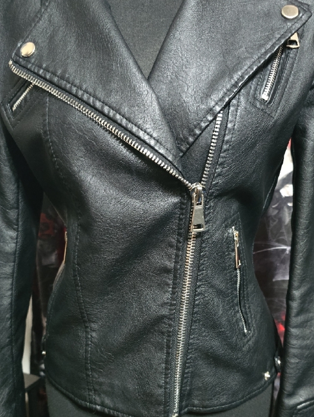 Ardene Black Faux Leather Moto Jacket with Gray Hood - Picture 3 of 8